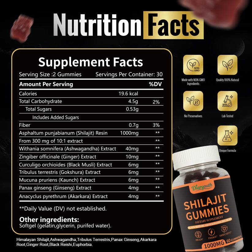 Diaryouth Pure Himalayan Shilajit Gummies FDA·GMP·HACCP·HALAL Certified |Testosterone Supplement for Men | Organic,Non‑GMO,100% Pure & Natural— 60 Capsules
