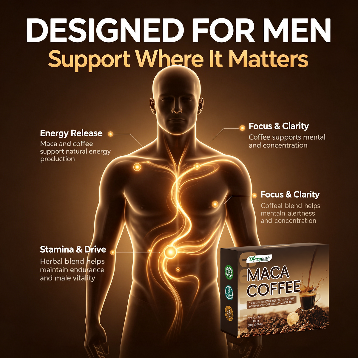 Diaryouth Maca Energy Coffee Sachets | Men's Stamina & Vitality Drink