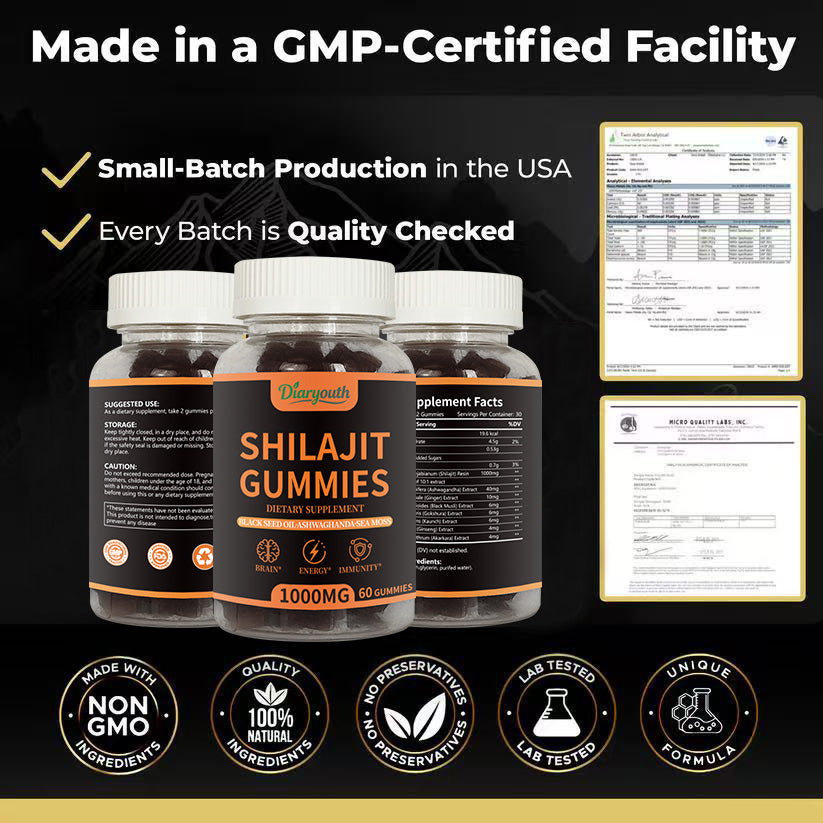 Diaryouth Pure Himalayan Shilajit Gummies FDA·GMP·HACCP·HALAL Certified |Testosterone Supplement for Men | Organic,Non‑GMO,100% Pure & Natural— 60 Capsules