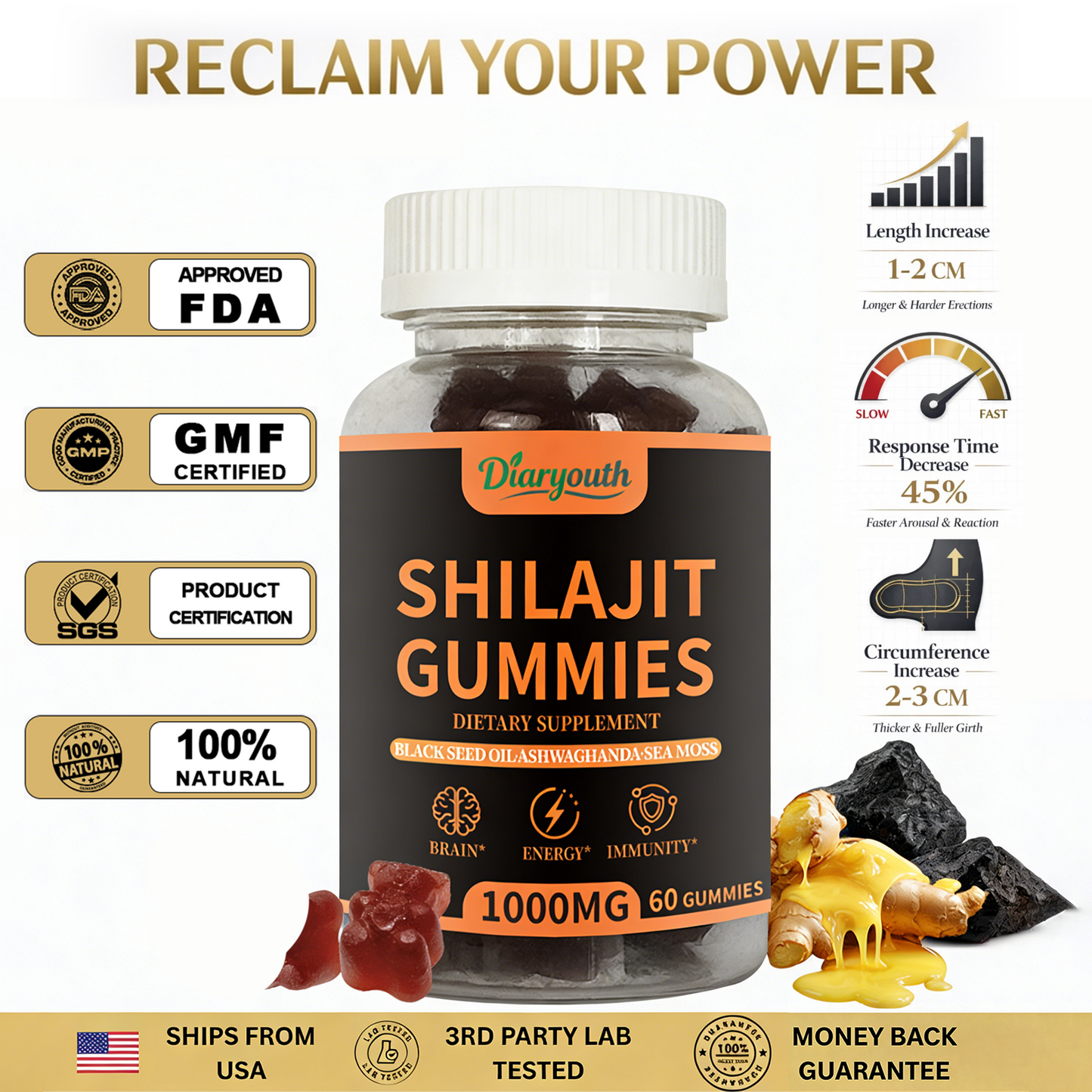 Diaryouth Pure Himalayan Shilajit Gummies for Men 40+ | Boost Testosterone, Vitality & Performance | 100% Organic, Non-GMO—60 Capsules